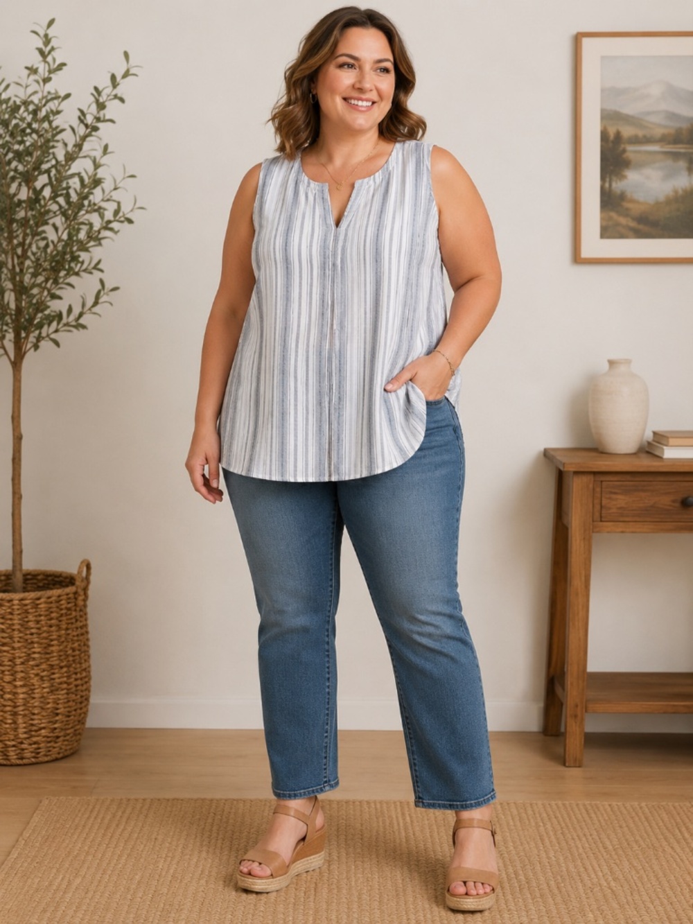 Beach Lunch Lounge Top Tunic 3X-Light Blue Sleeveless Linen Blend Striped